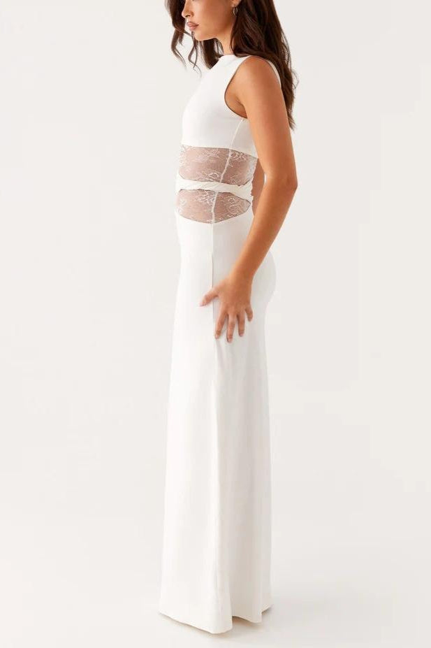 Slim Sheer Lace Paneled Maxi Lace Dress - View 4