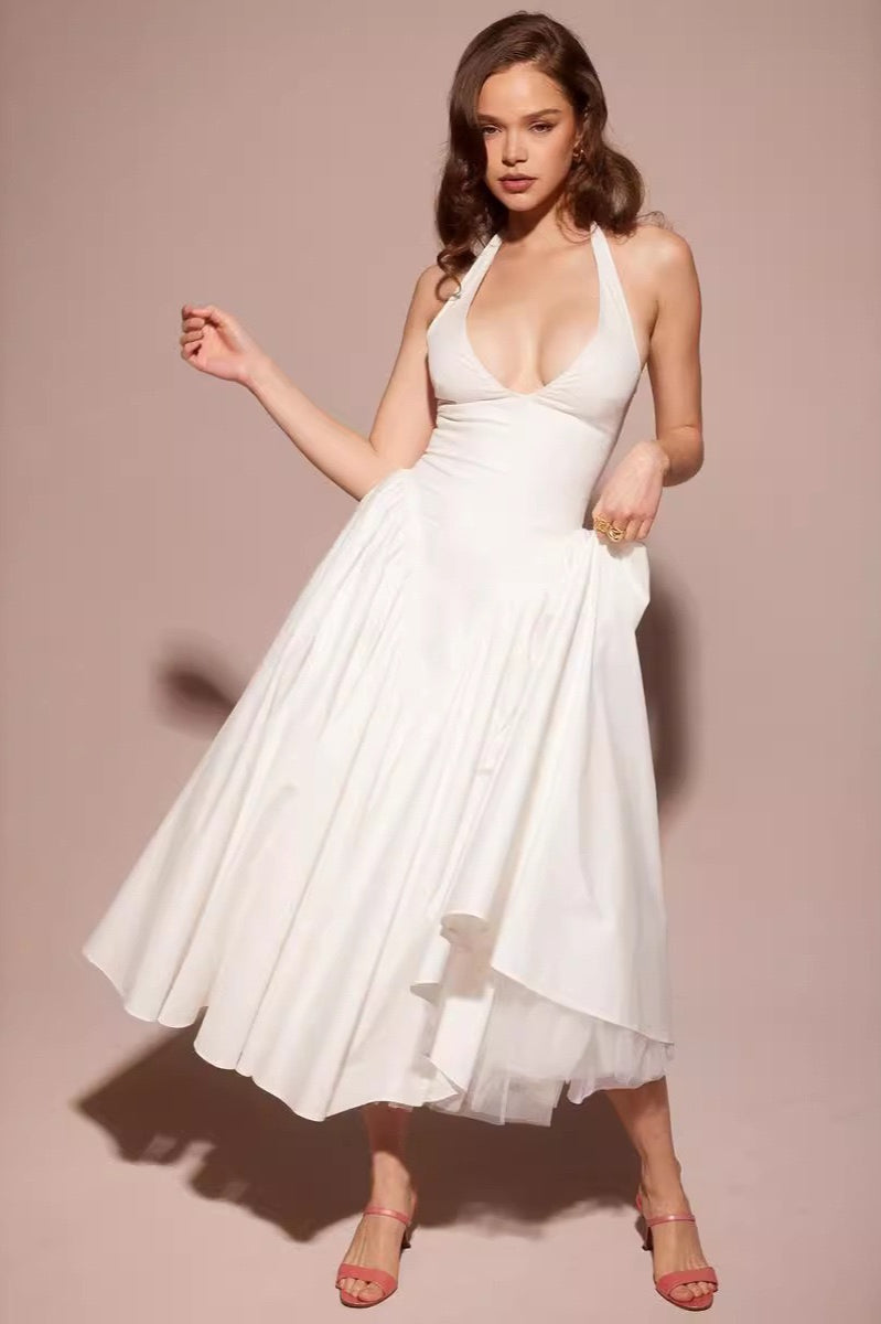 Halter Deep V-Neck Draped Fit and Flare Maxi Summer Dress - View 7