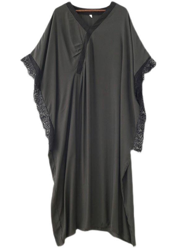 Deep V-Neck Wrap Overlay Batwing Sleeve Lace Trim Maxi Dress - View 4