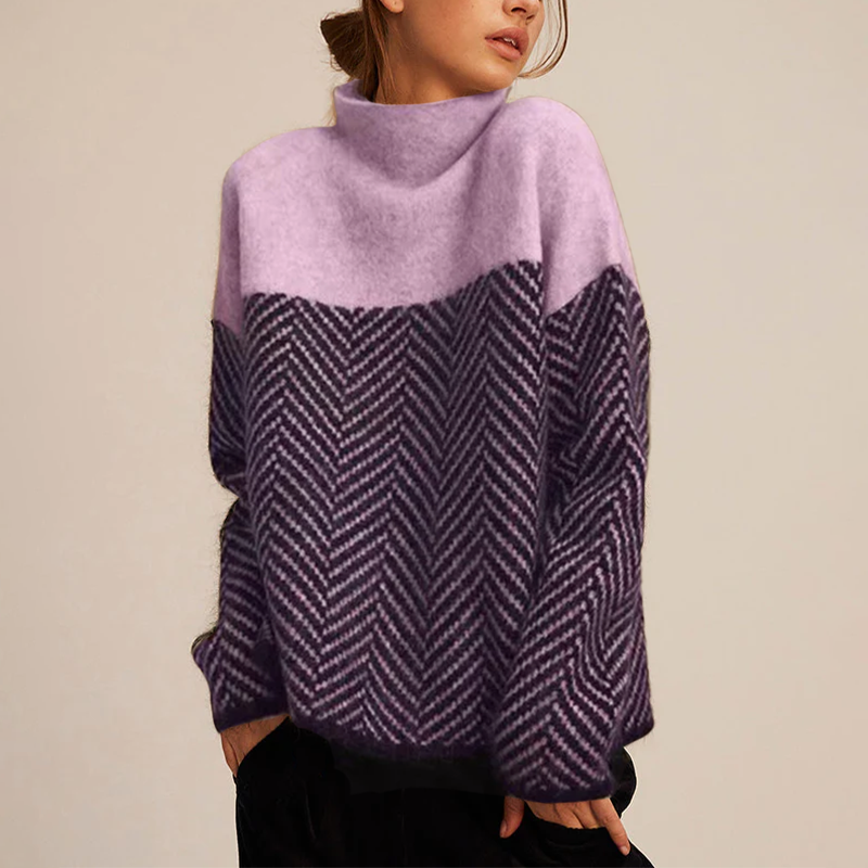 Turtleneck Long Sleeve Herringbone Colorblock Oversized Sweater 6