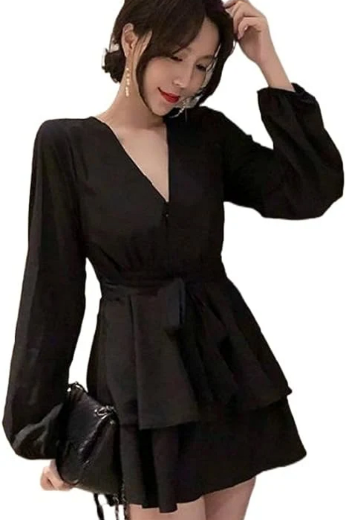 V-Neck Balloon Sleeve Wrap Ruffle Skirt Mini Dress 7
