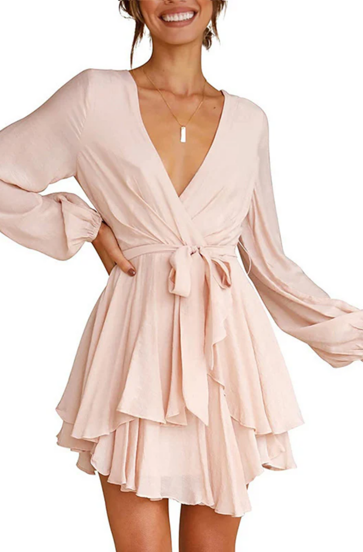 V-Neck Balloon Sleeve Wrap Ruffle Skirt Mini Dress 17