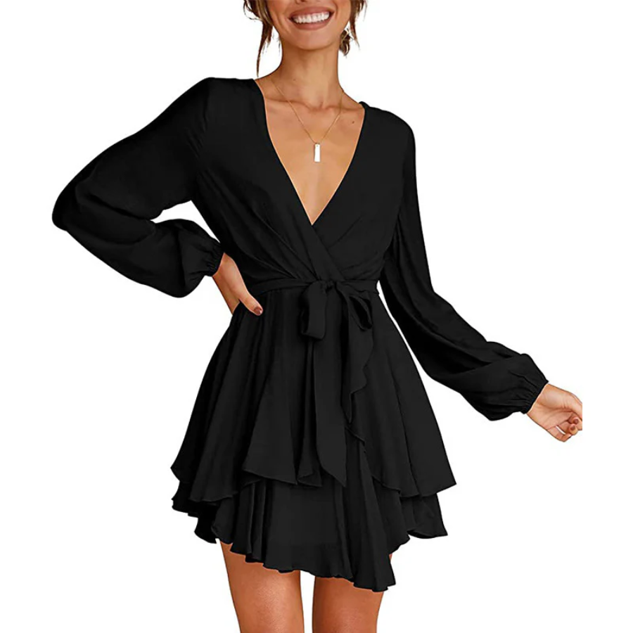 V-Neck Balloon Sleeve Wrap Ruffle Skirt Mini Dress 13
