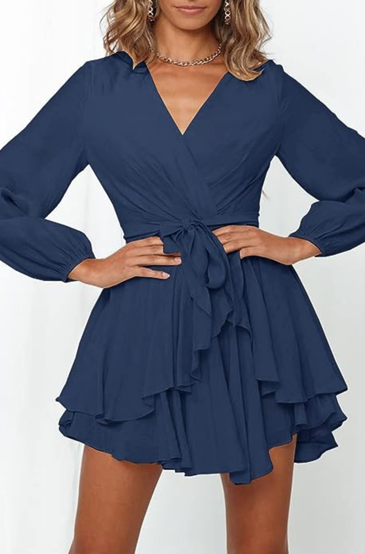 V-Neck Balloon Sleeve Wrap Ruffle Skirt Mini Dress 10