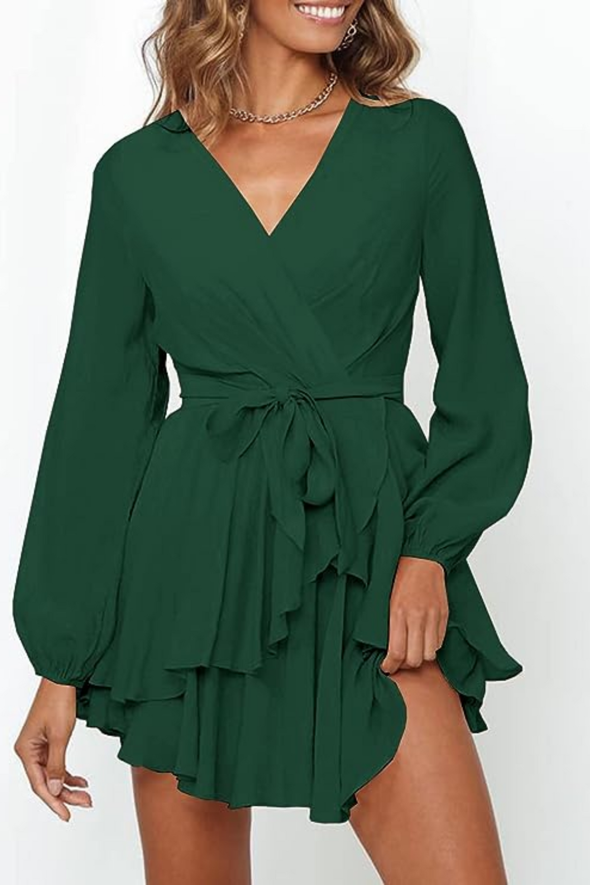 V-Neck Balloon Sleeve Wrap Ruffle Skirt Mini Dress 2