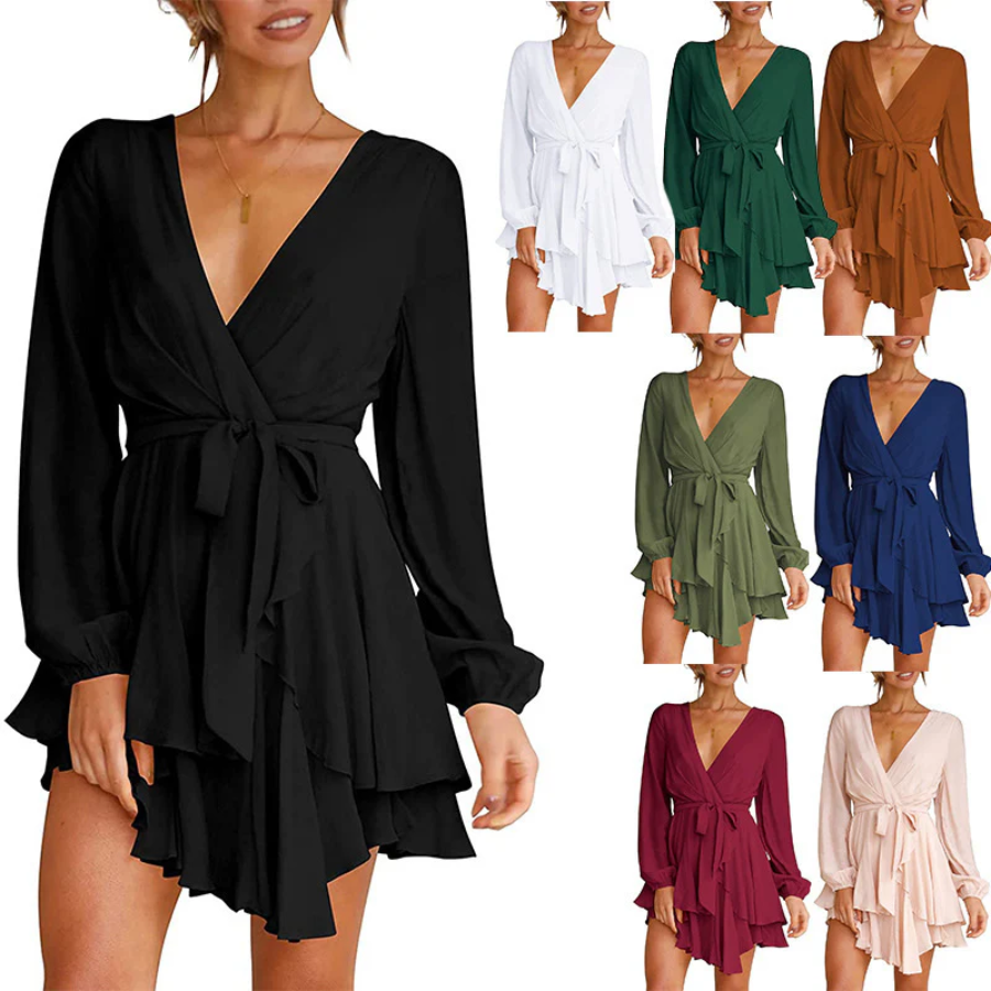 V-Neck Balloon Sleeve Wrap Ruffle Skirt Mini Dress 8
