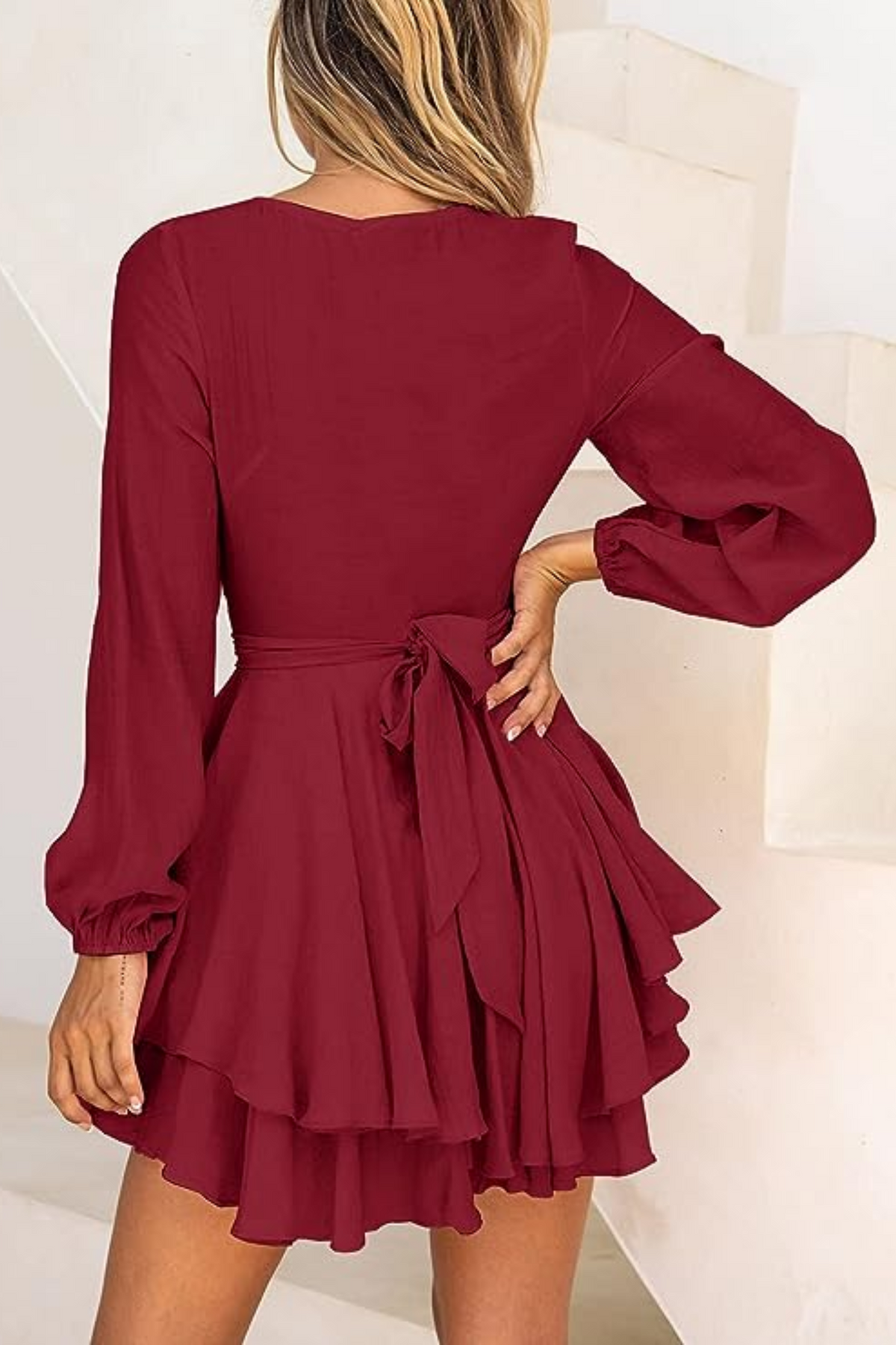V-Neck Balloon Sleeve Wrap Ruffle Skirt Mini Dress 3