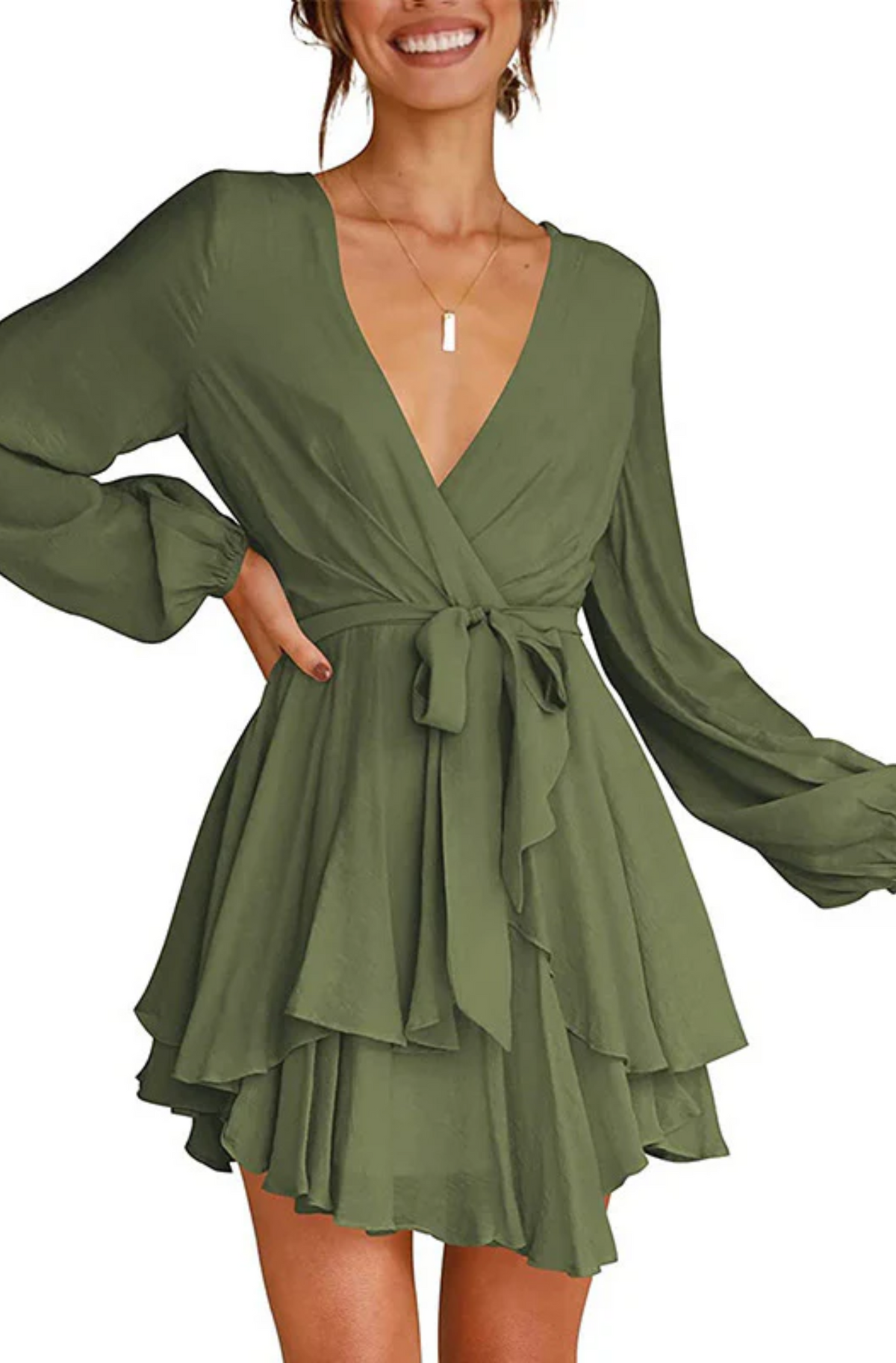 V-Neck Balloon Sleeve Wrap Ruffle Skirt Mini Dress 11