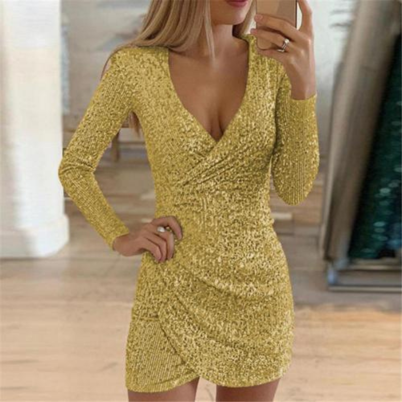 Sequin Deep V-Neck Long Sleeve Cold Shoulder Wrap Mini Dress - View 7