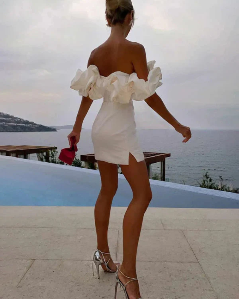Satin Off Shoulder Ruffle Sweetheart Ruched Bodycon Mini Dress - View 4