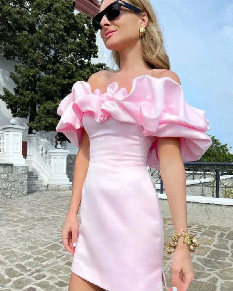 Satin Off Shoulder Ruffle Sweetheart Ruched Bodycon Mini Dress - View 7