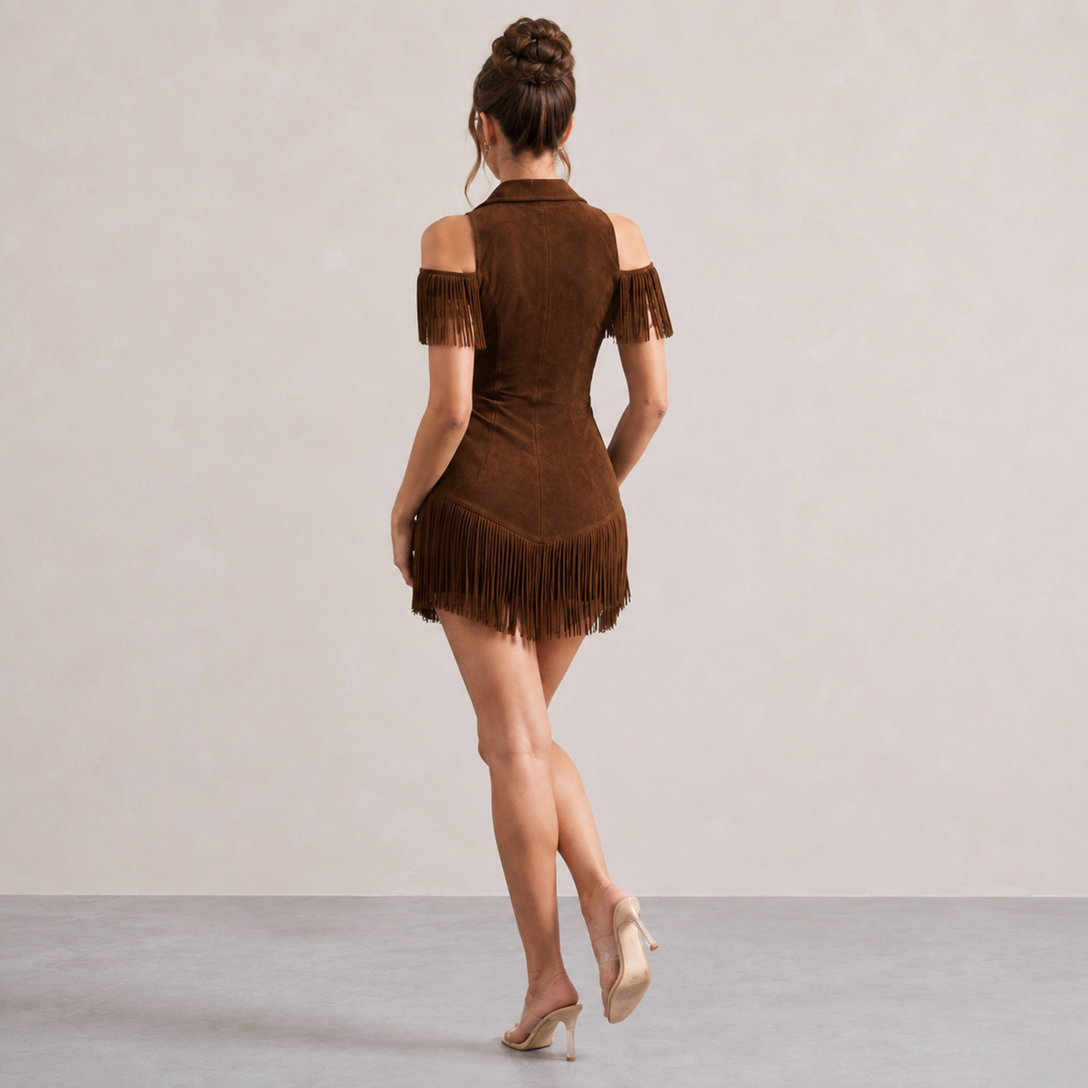 Suede Cold Shoulder Zip Front Fringe Mini Dress 15