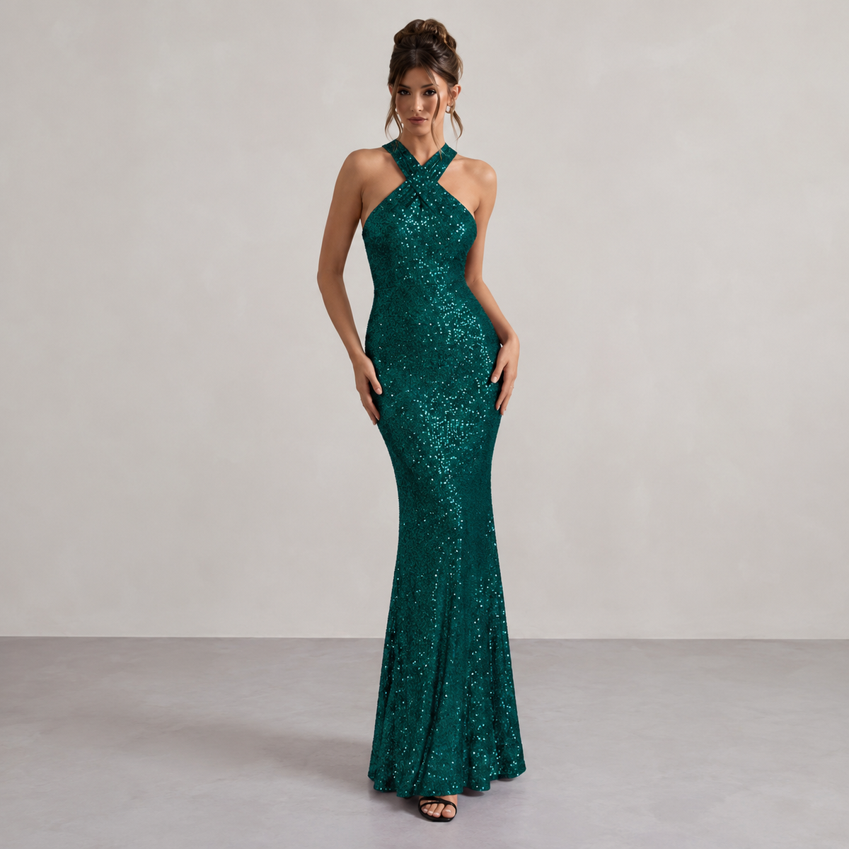 Sequin Cross Halter Neck Mermaid Maxi Gown 10