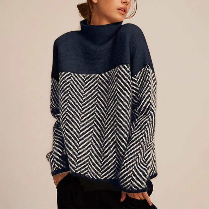 Turtleneck Long Sleeve Herringbone Colorblock Oversized Sweater 7