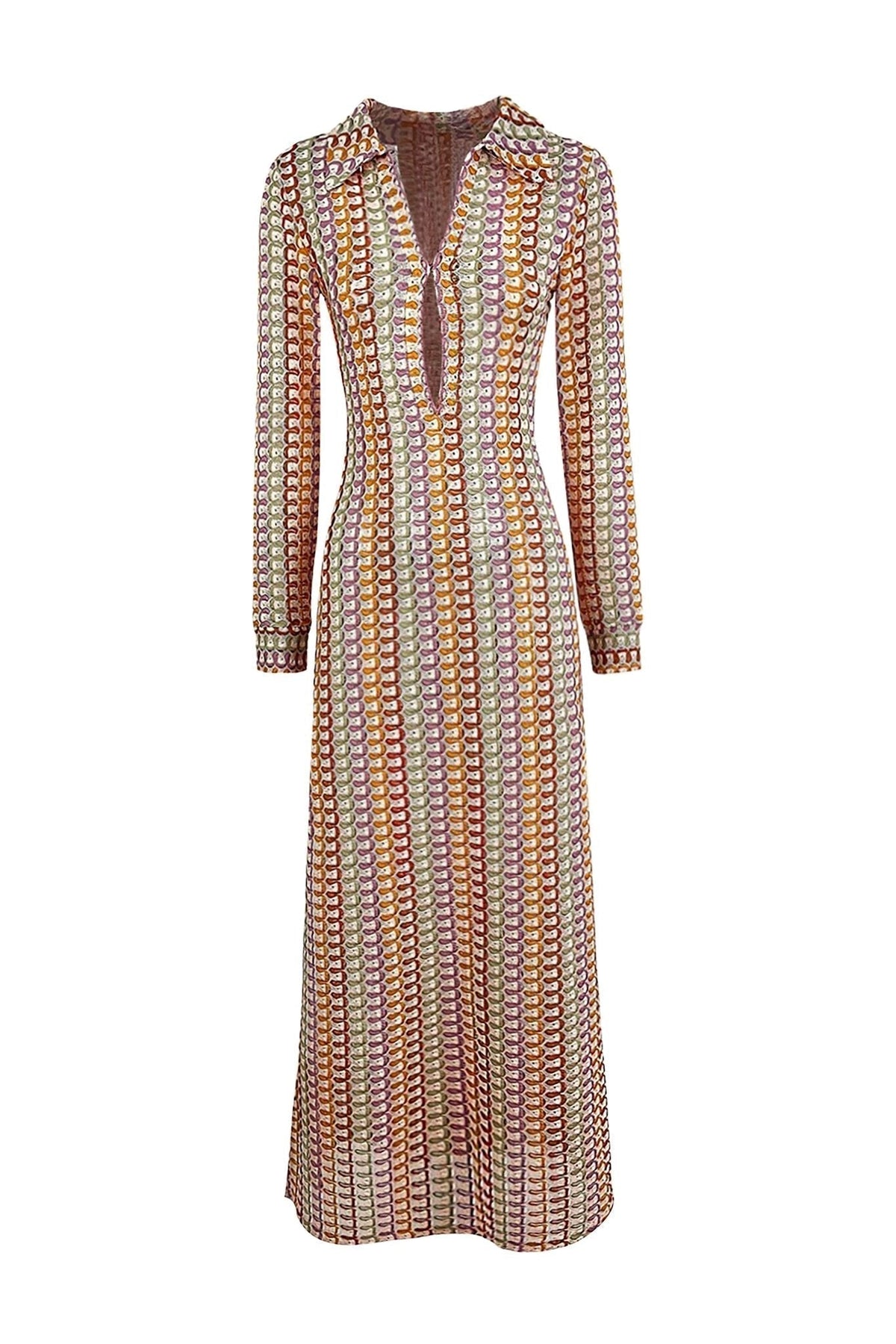 Crochet Collared Deep V-Neck Long Sleeve Open Knit Bodycon Maxi Dress - View 7