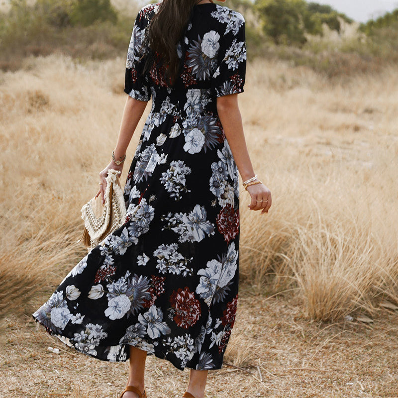V-Neck Button Front Smocked Drawstring Waist Maxi Dress - View 2