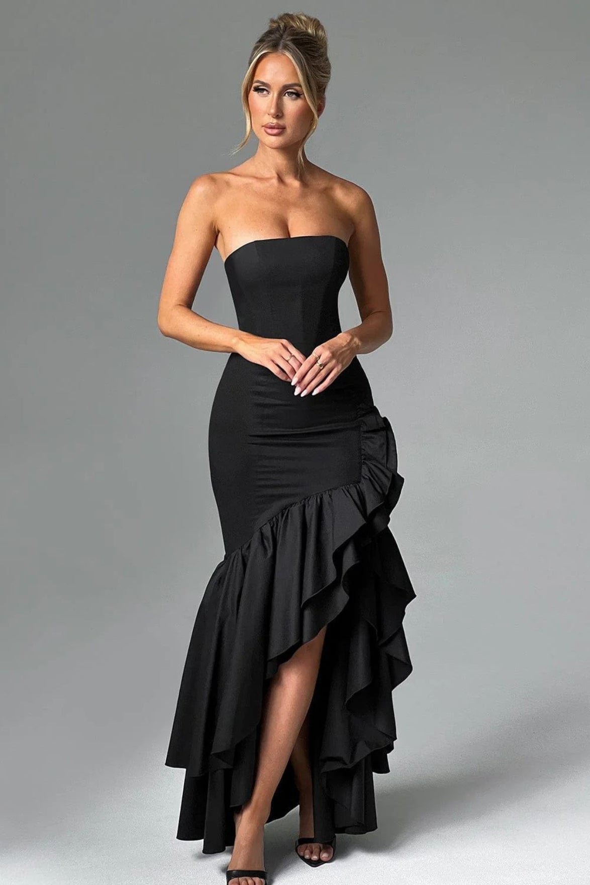 Strapless High Split Ruffle Slim Mermaid Maxi Prom Dress - View 14