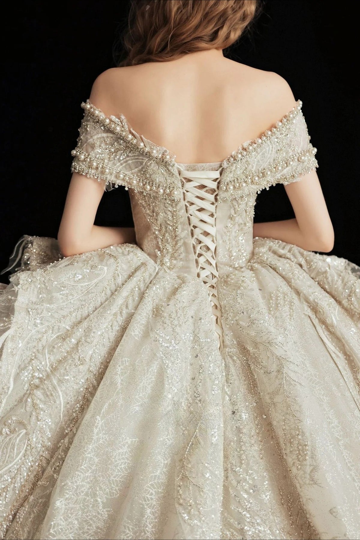 Lace Off Shoulder Sweetheart Pearl Beaded Structured Ball Gown - View 5
