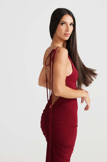Cowl Neck Spaghetti Strap Backless Ruched Bodycon Maxi Dress - View 12