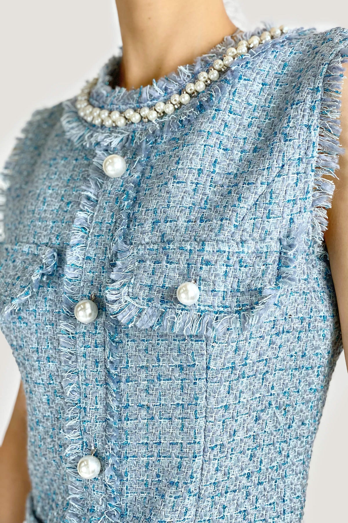 Pearl Collar Raw Fringe Trim Tweed Sleeveless Mini Dress - View 13