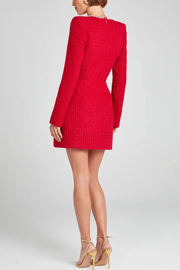Tweed Square Neck Pearl Trim Long Sleeve Pocket Mini Dress - View 7