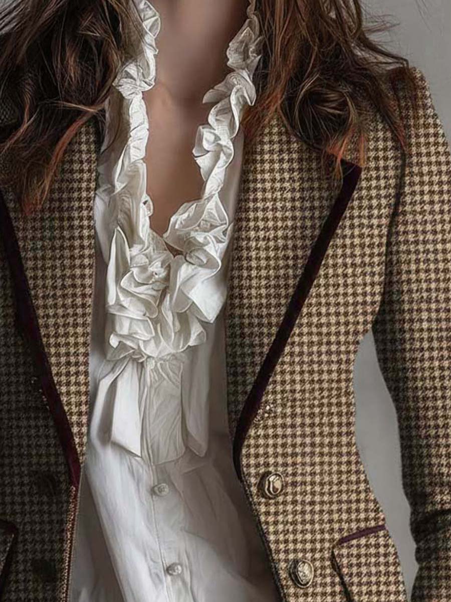 Houndstooth Tweed Velvet Trim Double Breasted Blazer 3