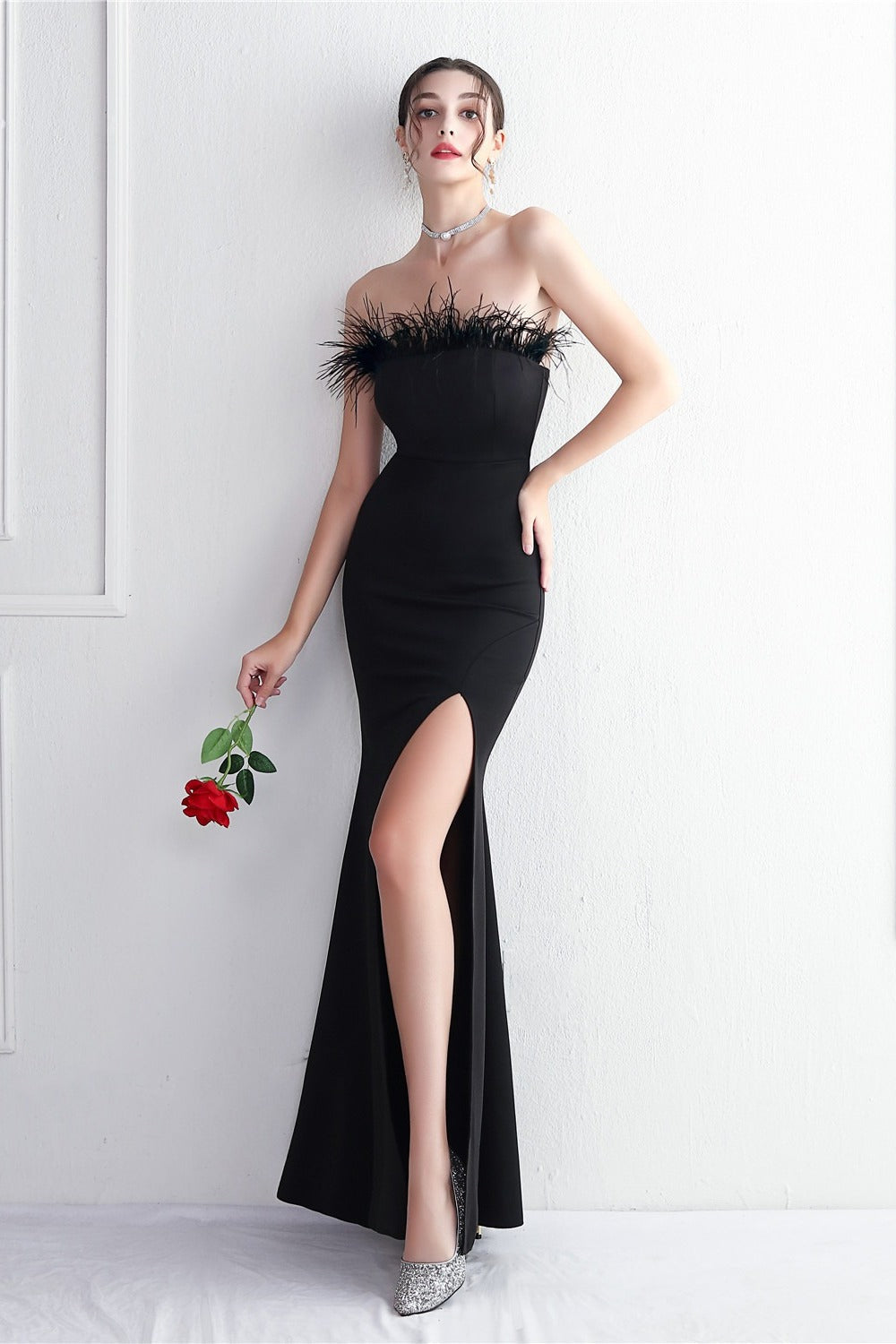 Feather Trim Strapless High Split Mermaid Gown 28