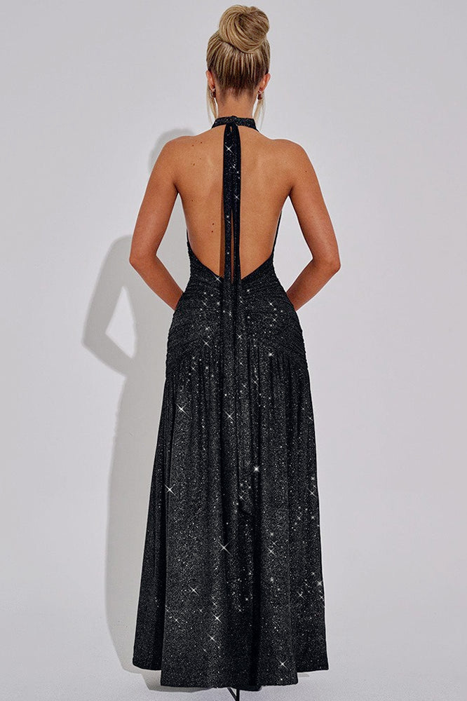 Glitter Halter Neck Plunge Ruched High Split Maxi Dress - View 12