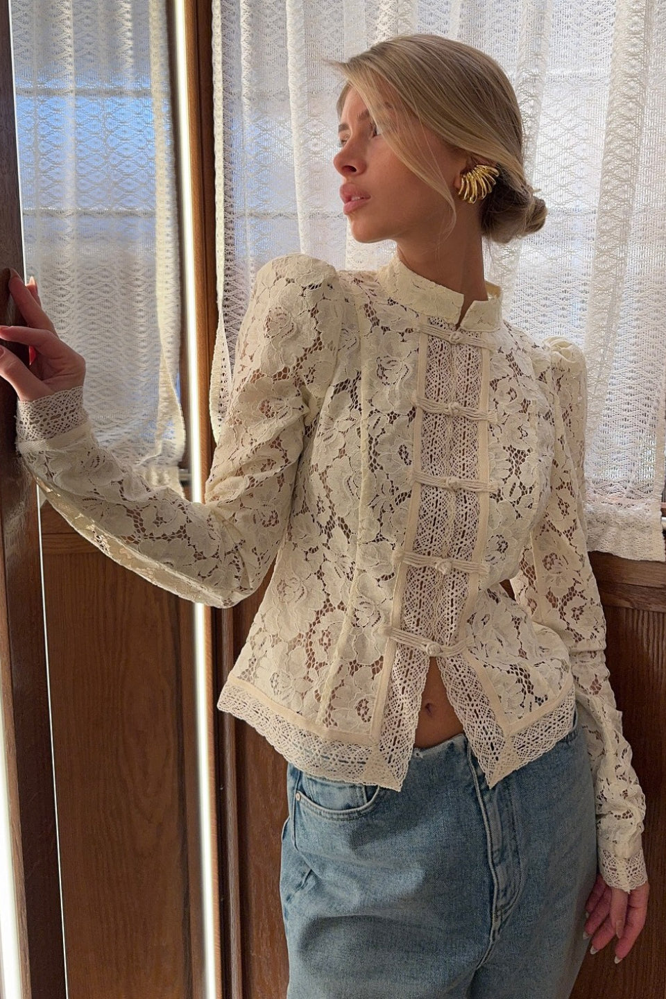 Sheer Lace Long Sleeve Blouse
