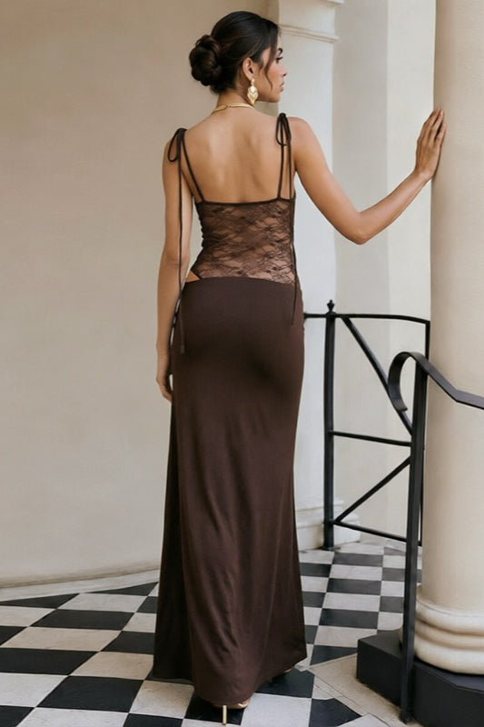 Square Neck Spaghetti Strap Lace Corset Ruched Mermaid Maxi Dress 14