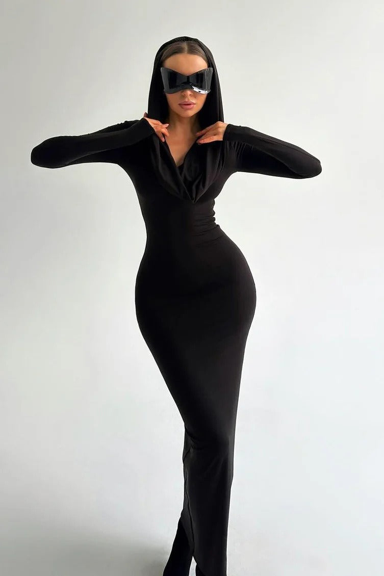 Cowl Neck Hooded Long Sleeve Bodycon Maxi Dress - View 3