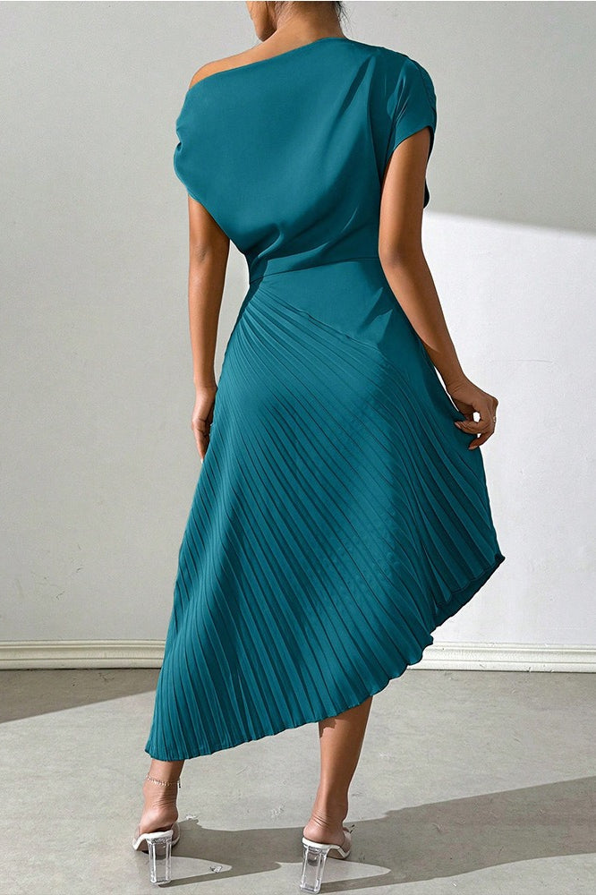 Satin One Shoulder Ruched Pleated Asymmetric Midi Dress - View 10