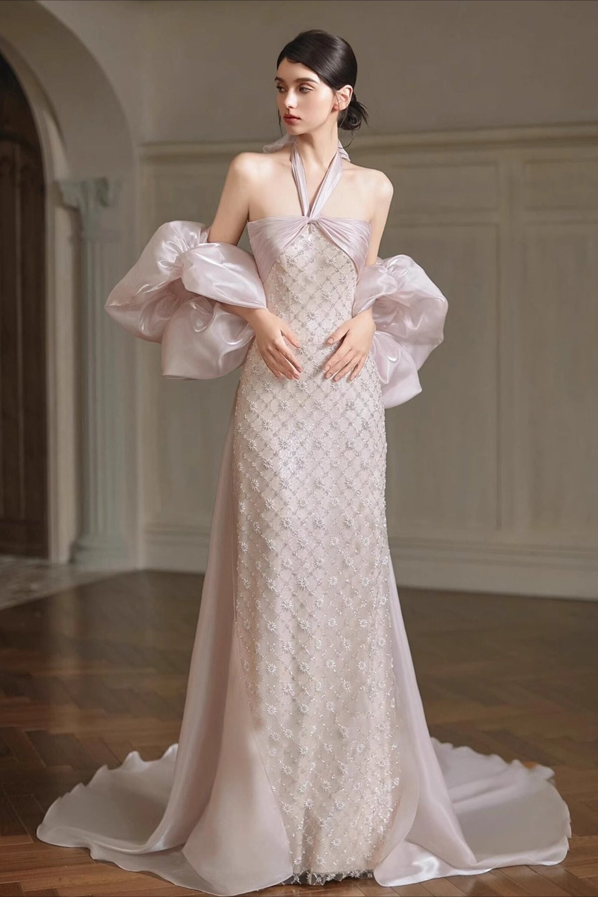 Halter Neck Beaded Puff Sleeve Mermaid Maxi Gown