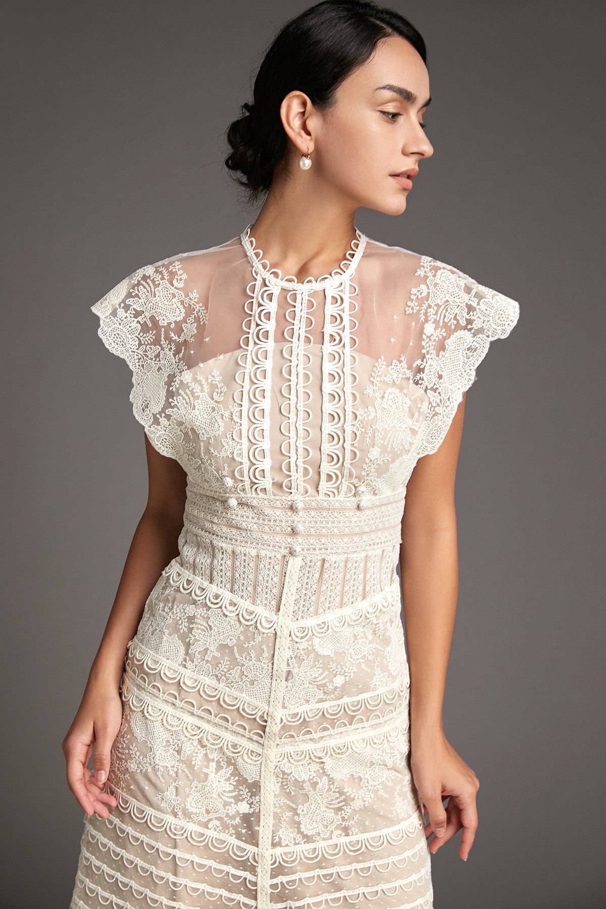 Floral Embroidered Mesh Cap Sleeve Midi Dress - View 5