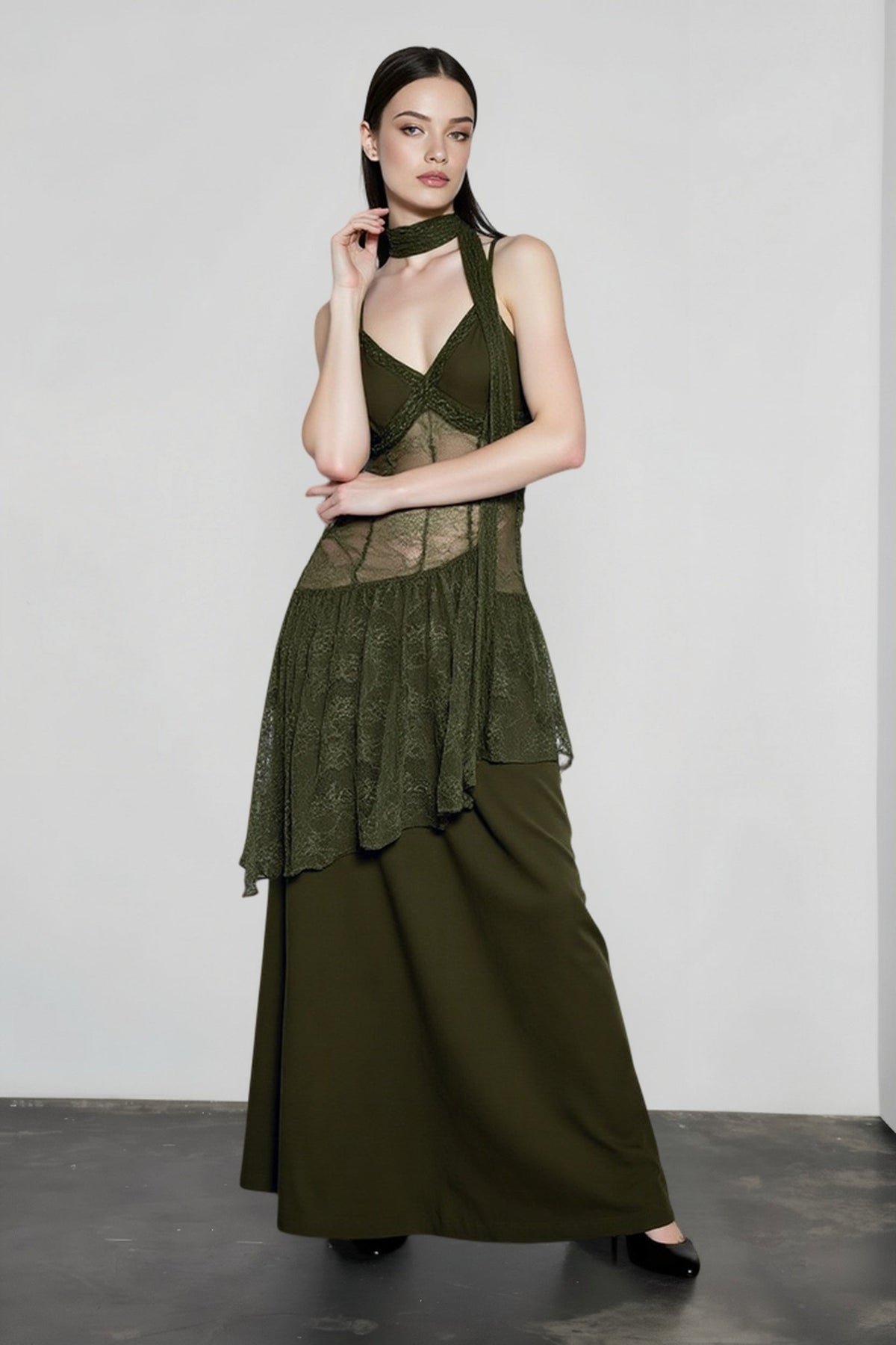 Lace Sheer Mesh Maxi Dress