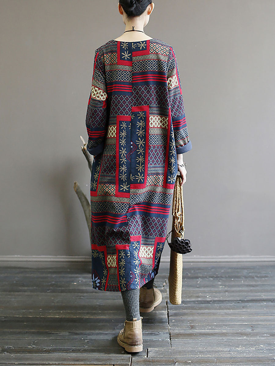 Folk Patchwork Print Long Sleeve Contrast Cuff Crew Neck Maxi Dress - View 6