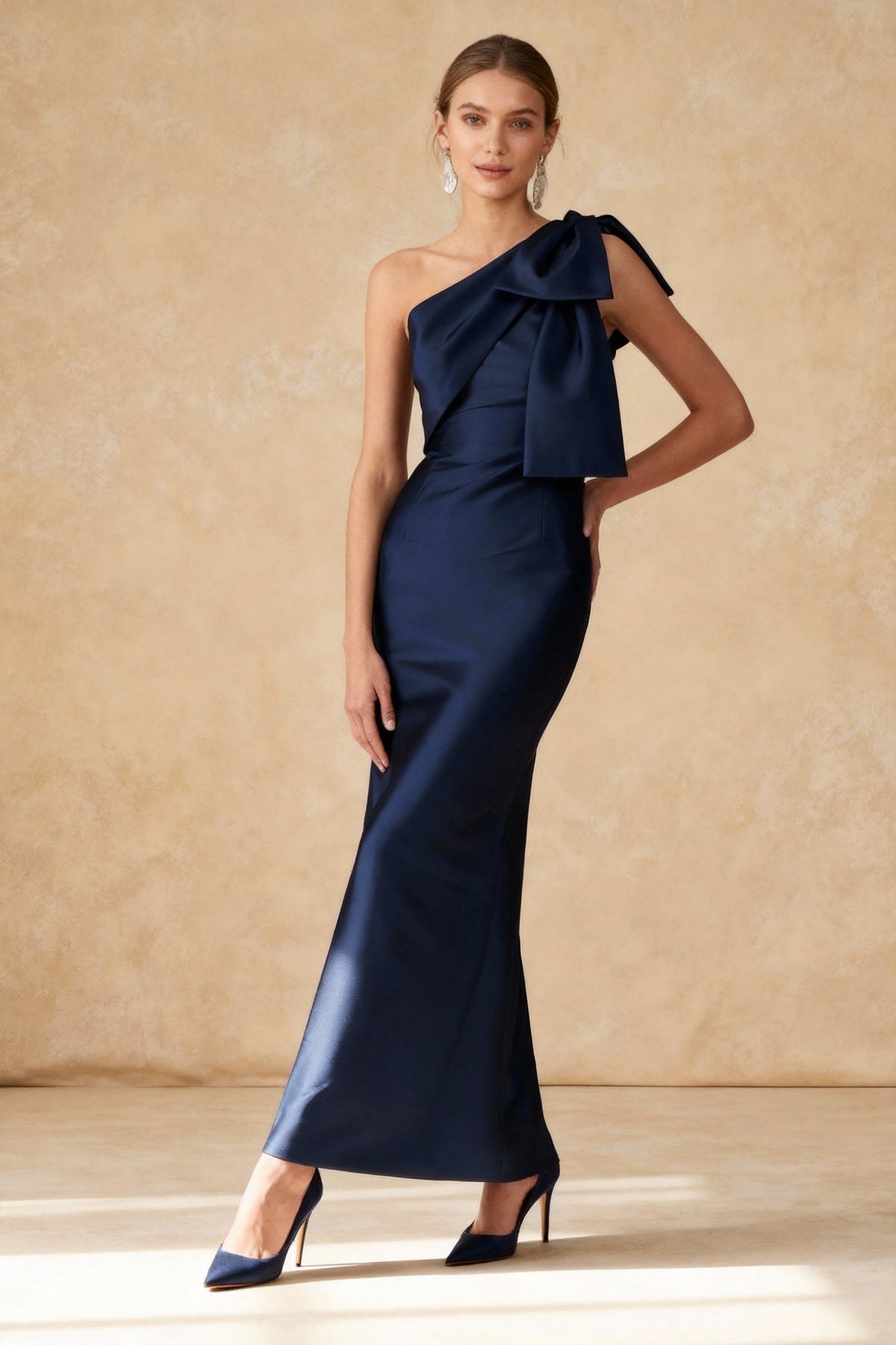 Satin One Shoulder Bow Mermaid Gown