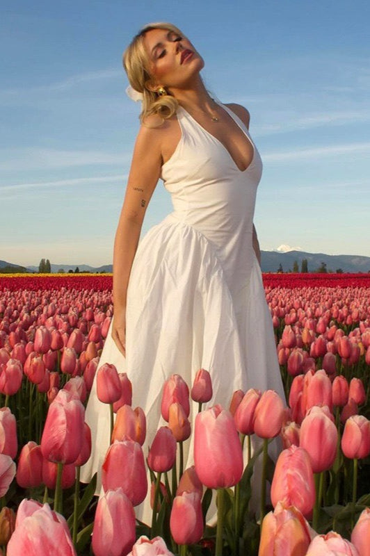 Halter Deep V-Neck Draped Fit and Flare Maxi Summer Dress