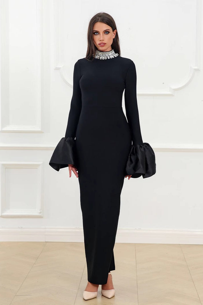 Rhinestone High Neck Puff Sleeve Bodycon Maxi Dress