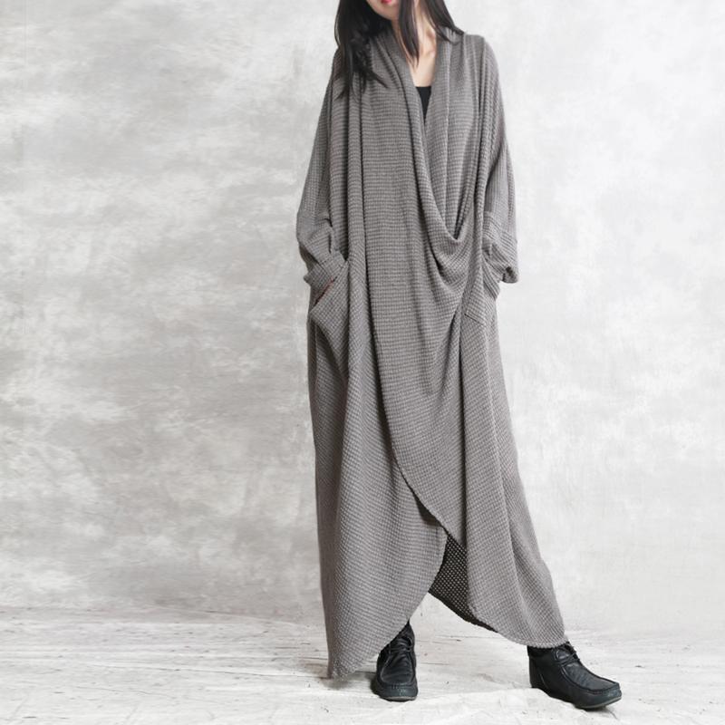 Waffle Knit Draped Cowl Wrap Front Long Sleeve Pocket Maxi Dress - View 3