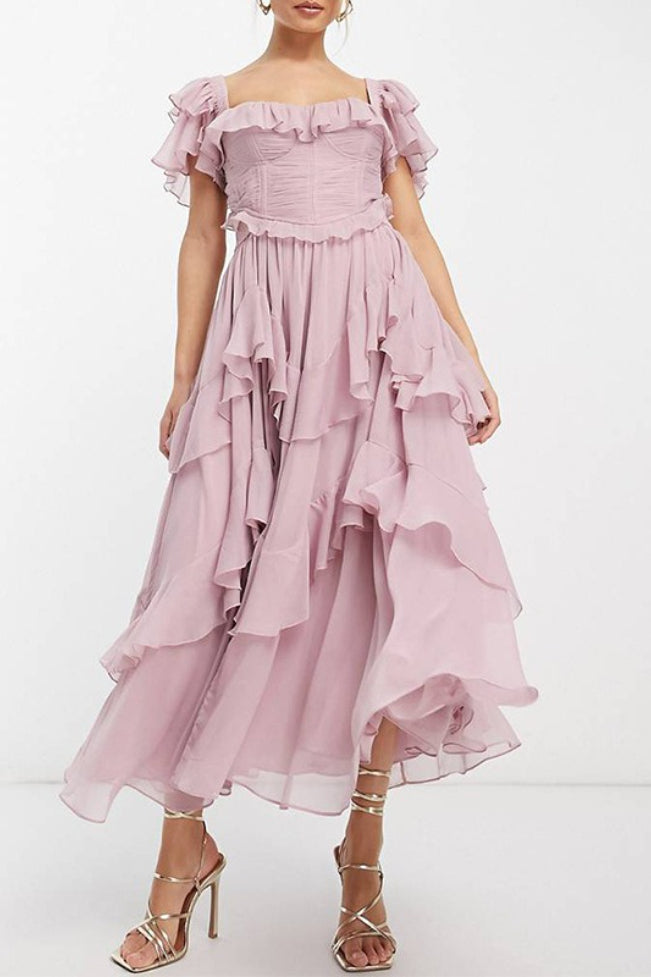 Chiffon Off Shoulder Corset Tiered Ruffle Midi Prom Dress - View 4