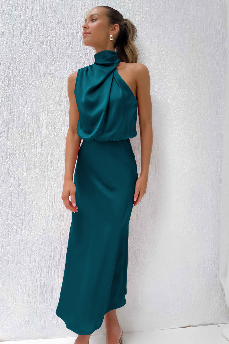 Satin Halter Neck Cowl Draped Sleeveless Midi Cocktail Dress - View 8