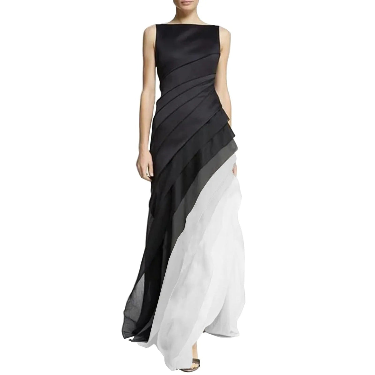 Sleeveless Boat Neck Diagonal Pleated Tiered Ombre Maxi Gown - View 2