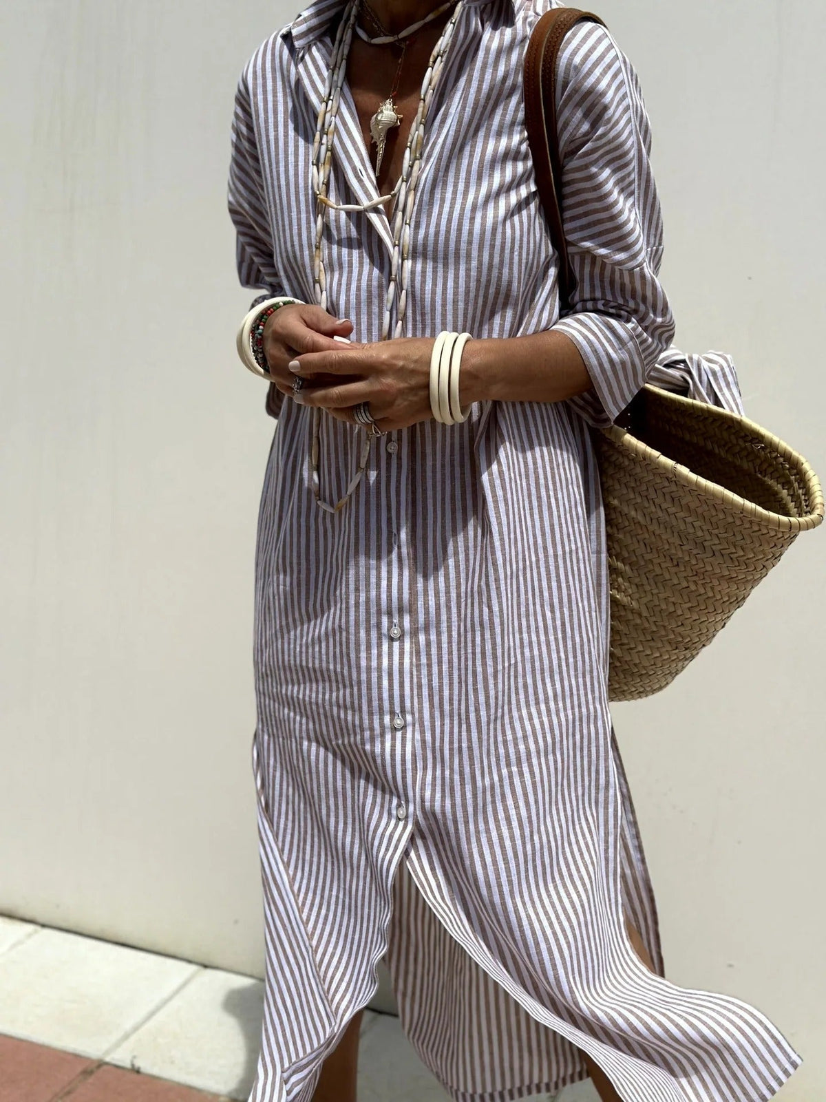 Vertical Striped Collared Button Down Drop Midi Shirt Dress - View 5