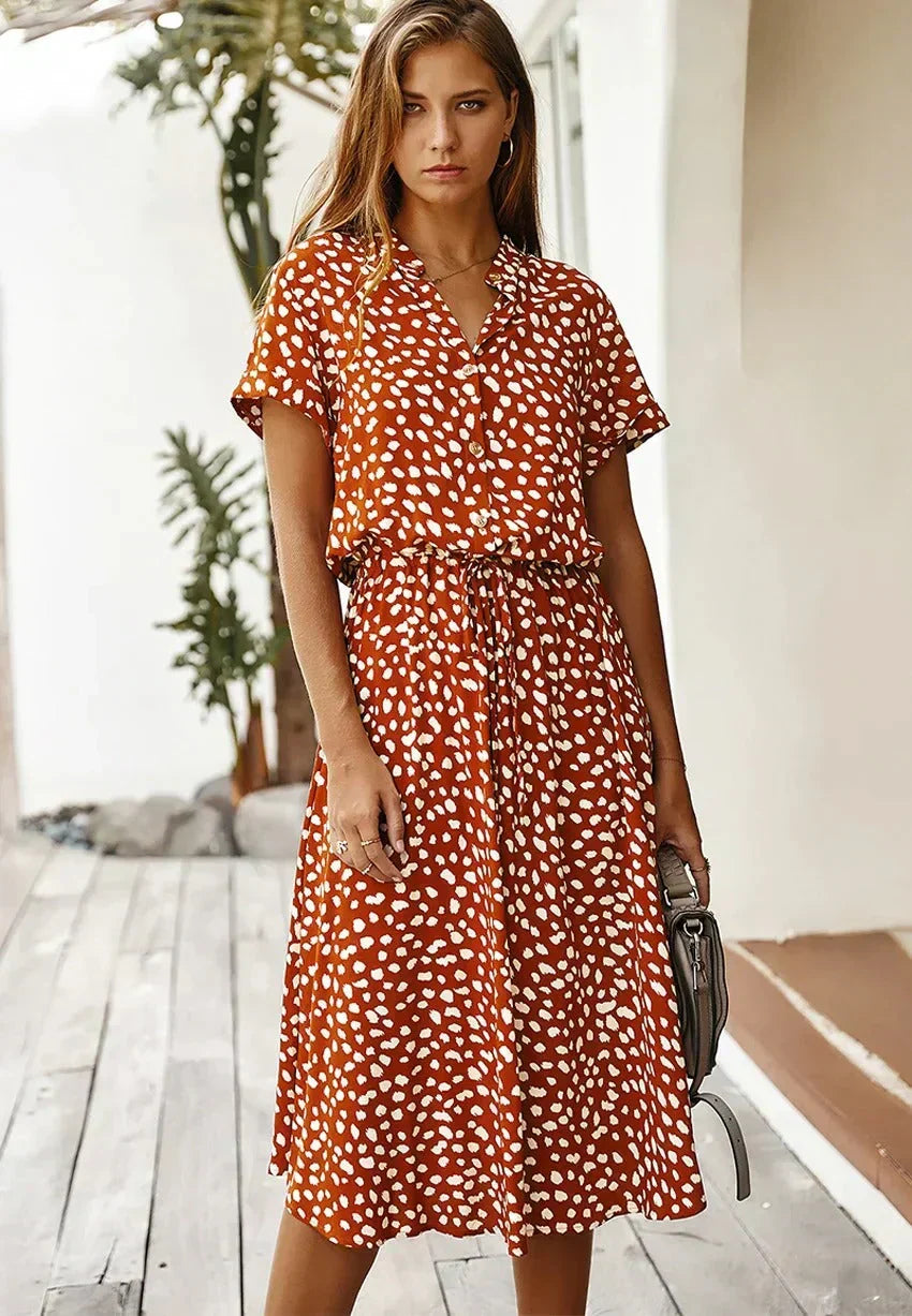 Polka Dot Print V-Neck Button Down Drawstring Waist Shirt Midi Dress