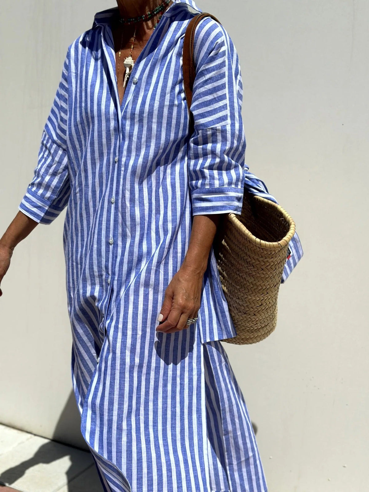 Vertical Striped Collared Button Down Drop Midi Shirt Dress - View 2