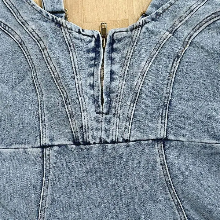 Denim Corset Bustier Front Zip Spaghetti Strap Mini Dress