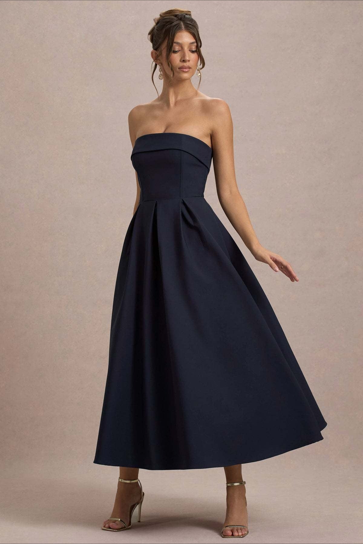 Strapless Fold Over Neck Box Pleat A-Line Midi Cocktail Dress - View 3