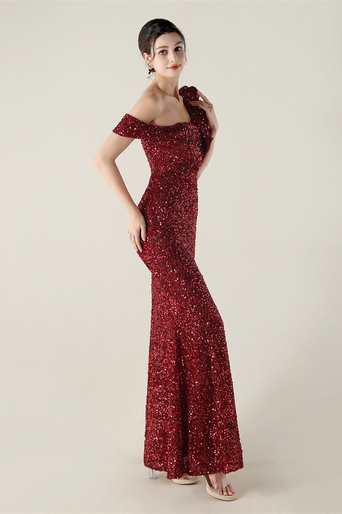 Sequin One Shoulder Ruffle High Split Mermaid Gown 34