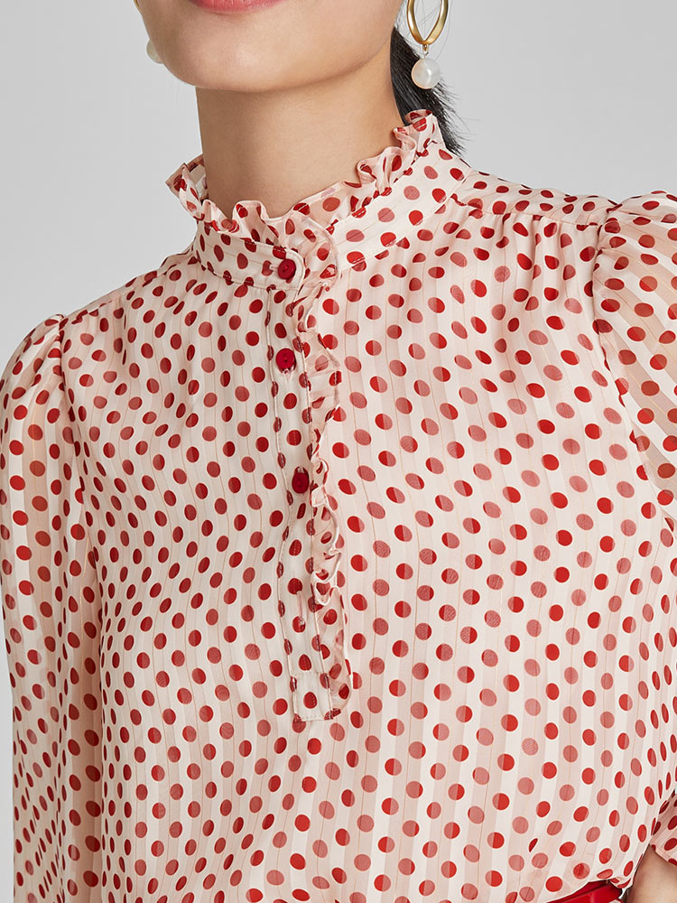 Gathered Waist Chiffon Polka Dot Midi Dress - View 7